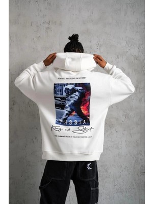 İlk El Grup Erkek 3 Iplik Pamuklu Kapüşonlu Baskılı Cepli Oversize Sweatshirt Hoodie - Beyaz