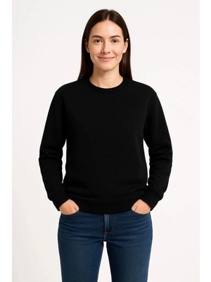 İlk El Grup Kadın 3 Iplik Pamuklu Düz Bisiklet Yaka Sweatshirt - Siyah