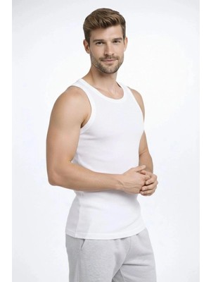 İlk El Grup Erkek Fitilli Atlet Sıfır Yaka Slim Fit Arka Baskılı Spor Atlet - Beyaz