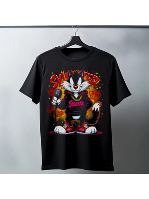 İlk El Grup Sylvester Graffiti Baskılı Unisex Siyah Oversize Tişört - 24/1 Penye