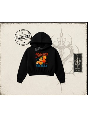 Tarzsokak Unisex Palermo Sicilia Kadın Crop Kapşonlu Sweatshirt Beyaz