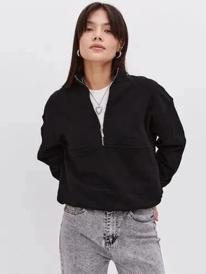 İlk El Grup Kadın 3 Iplik Pamuklu Oversize Yarım Fermuarlı Yakalı Basic Sweatshirt - Siyah