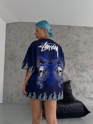 İlk El Grup Unisex Bisiklet Yaka Baskılı Oversize T-Shirt - Lacivert