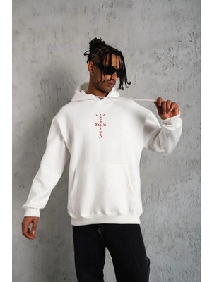 İlk El Grup Erkek Kordonlu Arka Maske Kordon Saçlı Kapüşonlu Sweatshirt Hoodie - Beyaz
