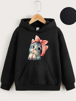 İlk El Grup Çocuk Unisex Kapüşonlu Tatlı Kedi Baskılı Sweatshirt - Siyah
