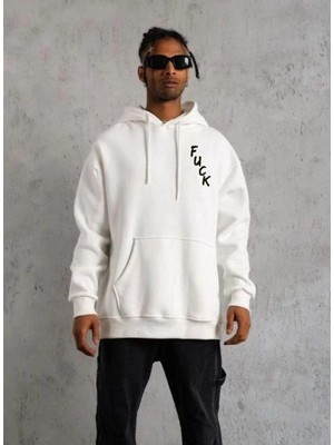 İlk El Grup Erkek 3 Iplik Pamuklu Kapüşonlu Baskılı Cepli Oversize Sweatshirt Hoodie - Beyaz
