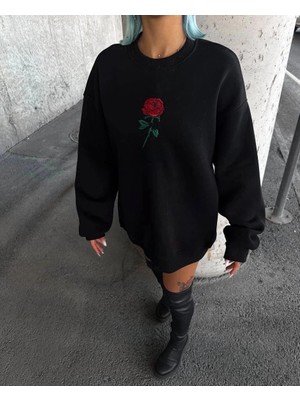 İlk El Grup Kadın Oversize Kapüşonlu Cepli Gül Baskılı 3 Iplik Pamuklu Hoodie Sweatshirt - Siyah