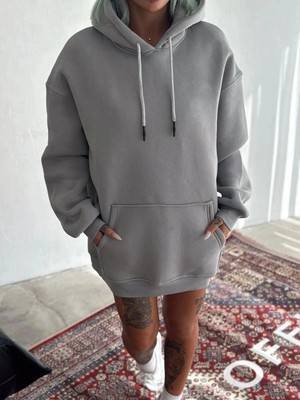 İlk El Grup Kadın Kapüşonlu Kanguru Cepli 3 Iplik Pamuklu Oversize Hoodie Sweatshirt -  Boyalı Gri