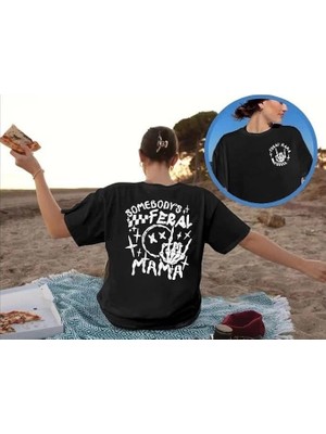 İlk El Grup Kadın Baskılı T-Shirt Kısa Kol Bisiklet Yaka Oversize Rahat Kalıp Tişört - Siyah