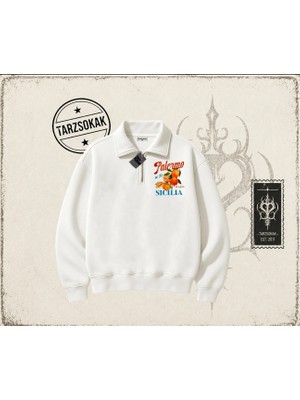 Tarzsokak Unisex Palermo Sicilia Unisex Polo Yaka Yarım Fermuarlı Sweatshirt Beyaz
