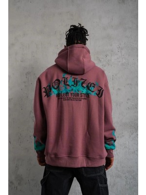 İlk El Grup Erkek 3 Iplik Içi Pamuklu Alev Baskılı Kapüşonlu Hoodie Sweatshirt - Gül Kurusu