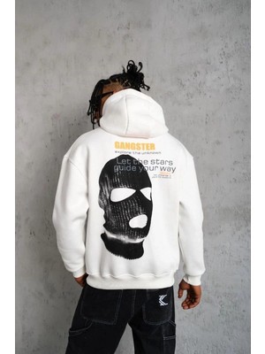 İlk El Grup Erkek Maske Baskılı 3 Iplik Pamuklu Kapüşonlu Sweatshirt Hoodie - Beyaz