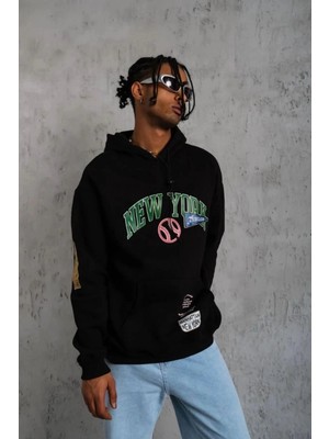 İlk El Grup Erkek 3 Iplik Pamuklu Kapüşonlu Baskılı Cepli Oversize Sweatshirt Hoodie - Siyah