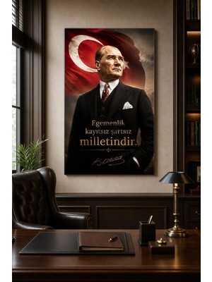 Atatürk ve Türk Bayrağı Baskılı Cam Tablo – Egemenlik Sözlü Dekoratif Duvar Tablosu