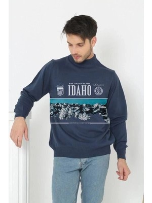 İlk El Grup Erkek Yarım Bağazlı Kazak Baskılı Dokuma Triko - Indigo