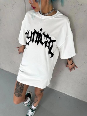 İlk El Grup Kadın Bisiklet Yaka Baskılı Oversize  Kısa Kol T-Shirt - Beyaz