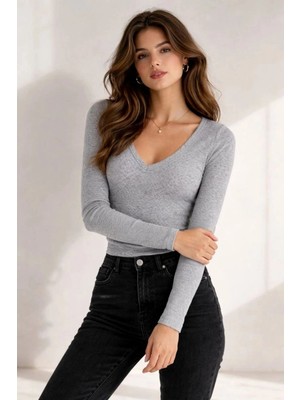İlk El Grup Kadın Fitilli Kaşkorse V Yaka Uzun Kollu Body Bluz Slim Fit - Gri