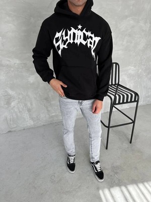 İlk El Grup Erkek 3 Iplik Pamuklu Kapüşonlu Baskılı Cepli Oversize Sweatshirt Hoodie - Siyah