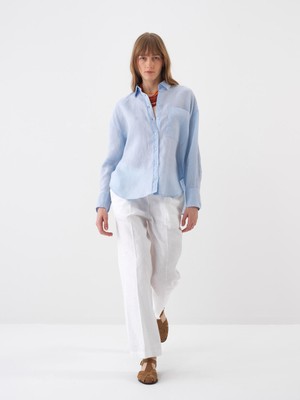 Xint Kadın Mavi %100 Keten Oversize Gömlek