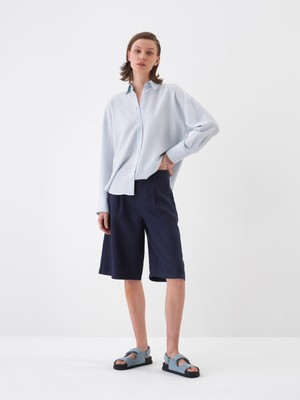 Xint Kadın Lacivert %100 Keten Oversize Şort