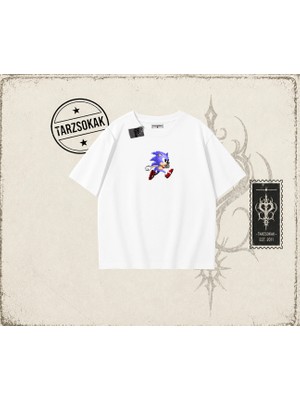 Tarzsokak Unisex Sonic The Hedgehog Oversize Unisex Tişört Beyaz