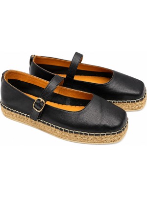 Butik Noble Shoes Hakiki Deri Siyah Kadın Espadril Babet