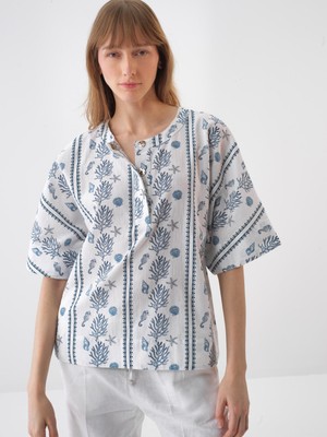 Xint Kadın Beyaz Keten Karışımlı Oversize Bluz