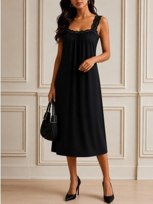 İkales Ikales Kadın Dantel Askılı Kare Yakalı Uzun Viskon Elbise