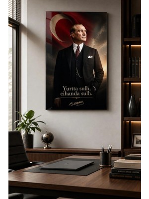 Atatürk ve Türk Bayrağı Baskılı Cam Tablo – Yurtta Sulh Uv Dekoratif Duvar Tablosu