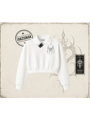 Tarzsokak Unisex Spiderman Kadın Crop Polo Yaka Yarım Fermuarlı Sweatshirt Beyaz