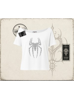 Tarzsokak Unisex Spiderman Kadın Kayık Yaka Tişört Beyaz