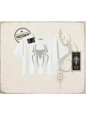 Tarzsokak Unisex Spiderman Kadın Crop Tişört Beyaz