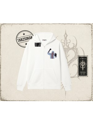 Tarzsokak Unisex Psycho Oversize Unisex Hırka & Çeket Fermuarlı Sweatshirt Beyaz