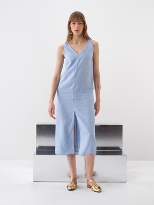 Xint Kadın Mavi %100 Keten Regular Fit Elbise