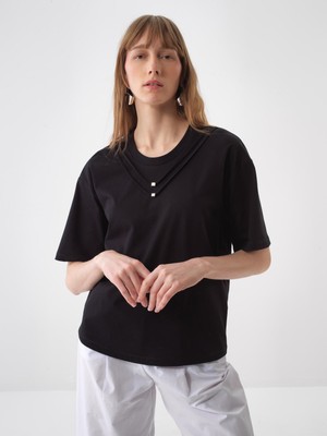 Xint Kadın Siyah Pamuk Dokulu Oversize Bluz