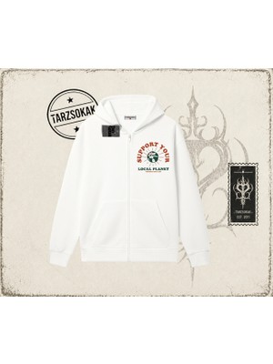 Tarzsokak Unisex Support Your Oversize Unisex Hırka & Çeket Fermuarlı Sweatshirt Beyaz