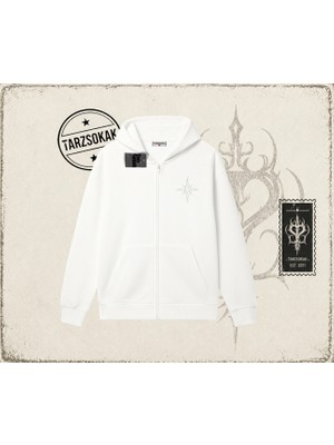 Tarzsokak Unisex Pusula Oversize Unisex Hırka & Çeket Fermuarlı Sweatshirt Beyaz