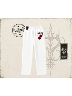 Tarzsokak Unisex Stüssy Zar Unisex Baggy Eşofman Altı Beyaz