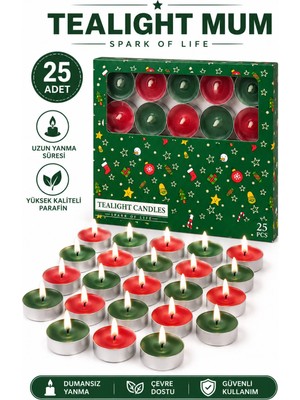 Arkhelais Tealight Mum Kırmızı Yeşil Dekoratif Çay Mum Seti Yılbaşı Konseptli 25 Adet