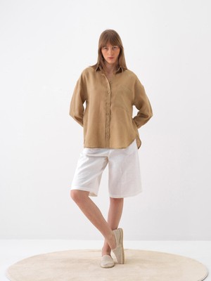 Xint Kadın Camel %100 Keten Oversize Gömlek