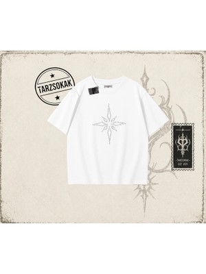 Tarzsokak Unisex Pusula Oversize Unisex Tişört Beyaz