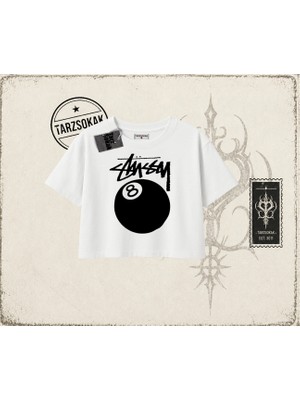 Tarzsokak Unisex Stüssy 8ball Kadın Crop Tişört Beyaz