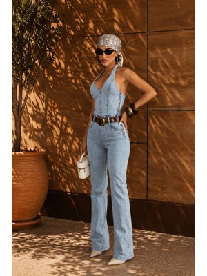 Adam & Eve Fashion Adam&eve Kadın Mavi Halter Yaka Sırt Dekolteli Düğmeli Denim Salopet Tulum