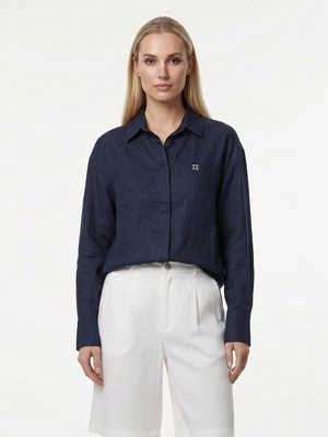 Xint Kadın Lacivert %100 Keten Oversize Gömlek
