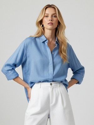 Xint Kadın Mavi %100 Keten Oversize Gömlek