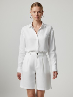 Xint Kadın Beyaz %100 Keten Oversize Gömlek