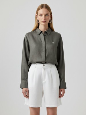 Xint Kadın Haki %100 Keten Oversize Gömlek