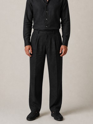 Xint Erkek Siyah %100 Keten Regular Fit Pantolon