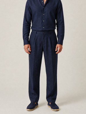Xint Erkek Lacivert %100 Keten Regular Fit Pantolon