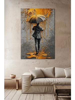 Şemsiyeli Adam Altın Yağmur Efektli Baskılı Cam Tablo – Modern Sanat Uv Baskı